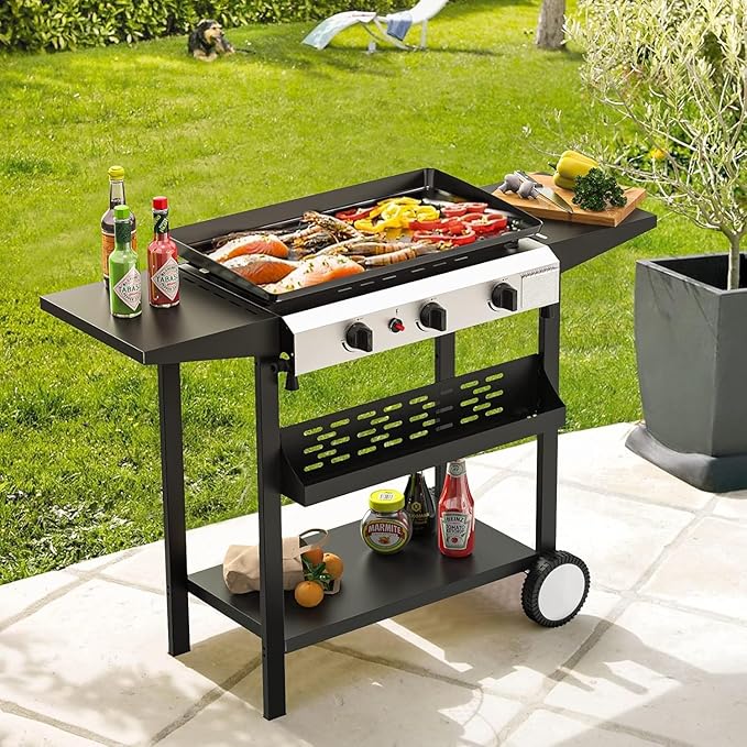3 Burner BBQ Gas Griddle, 25.6 Inch Stainless Steel Portable Detachable Propane Griddle, 30,000 BTU Flat Top Barbecue Grill with Side Shelves for Camping