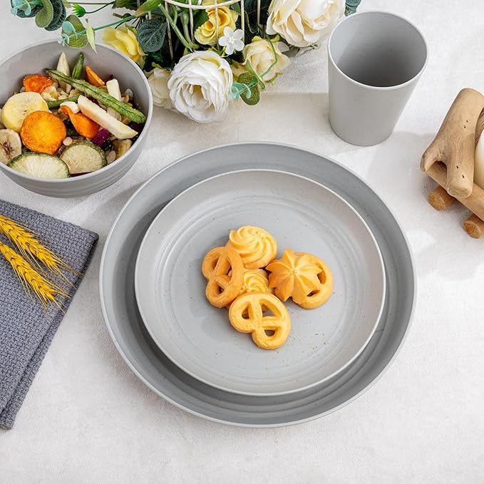 Supernal 16pcs Light Grey Plates and Bowls Dinnerware Set, Unbreakable Reusable Plate,Reusable Plastic Plate Set for 4, Include Dinner Platos, Dessert Platos, Cereal Bowls, Cups for Kitchen & Camping