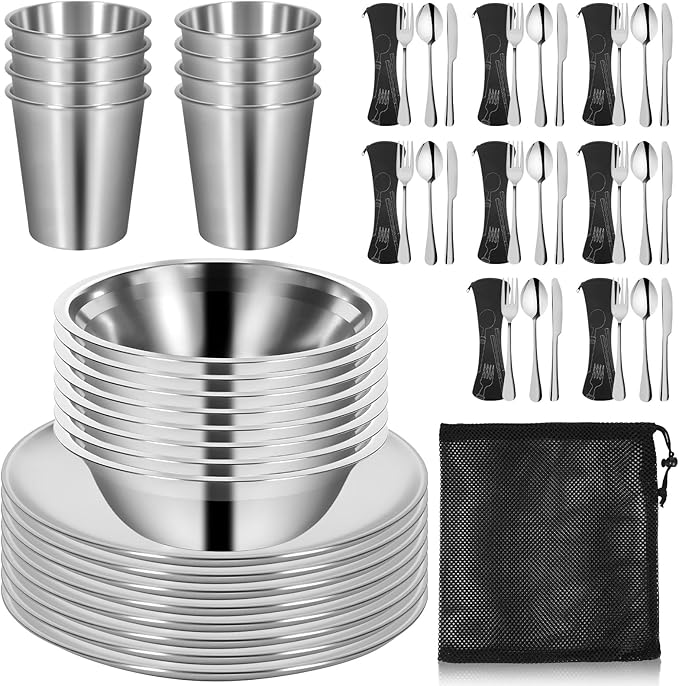 REDCAMP Stainless Steel Camping Mess Kit, Camping Dishes Set for 4, Camp Plate Set with Bowls Plates Cups Forks Spoons, for Backpacking, Outdoor Backpacking Hiking and Picnic