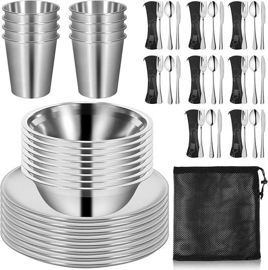 REDCAMP Stainless Steel Camping Mess Kit, Camping Dishes Set for 4, Camp Plate Set with Bowls Plates Cups Forks Spoons, for Backpacking, Outdoor Backpacking Hiking and Picnic