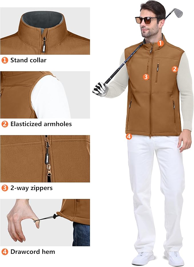 Outdoor Ventures Men's Running Vest Outerwear, Lightweight Windproof Fleece-Lined Softshell Sleeveless Jacket for Golf