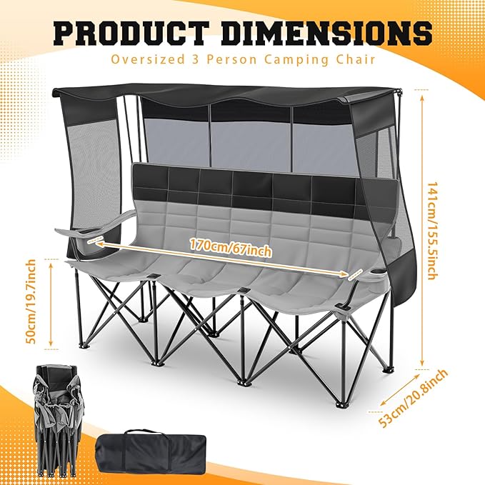 3 Person Camping Chair with Canopy Shade Fully Padded Folding Outdoor Oversized Camping Sofa for 2-3 Person, Heavy Duty Couch with Cup Holder and Carry Bag for Lawn Camp Fall Outdoor Activities