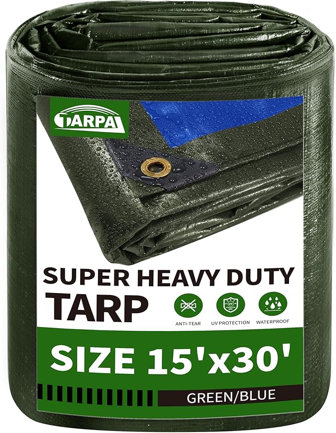TARPAL 15x30 Tarp Heavy Duty Waterproof Tarp 16mil Thick Tarps with Metal Grommets Every 17.7" UV Protection&Tear -Resistant Cover for Firewood,Roof,Pool,Car,RV&Outdoor Furniture（Green/Blue）