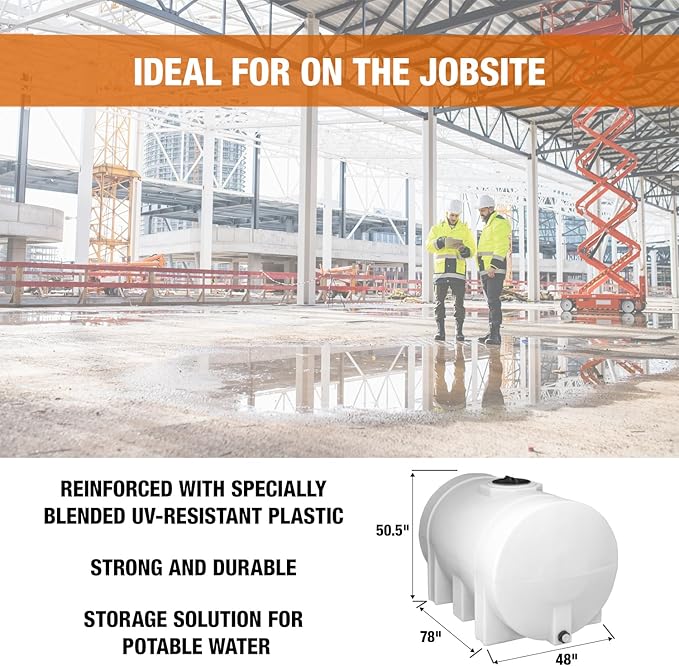 RomoTech 82124269 Horizontal Polyethylene Reservoir Water Tank w/Legs, 550 gal, Made in USA, Natural Poly Tank for Non-Flammable Liquids, UV-Resistant, Ideal for Agricultural Use, RV Water Storage