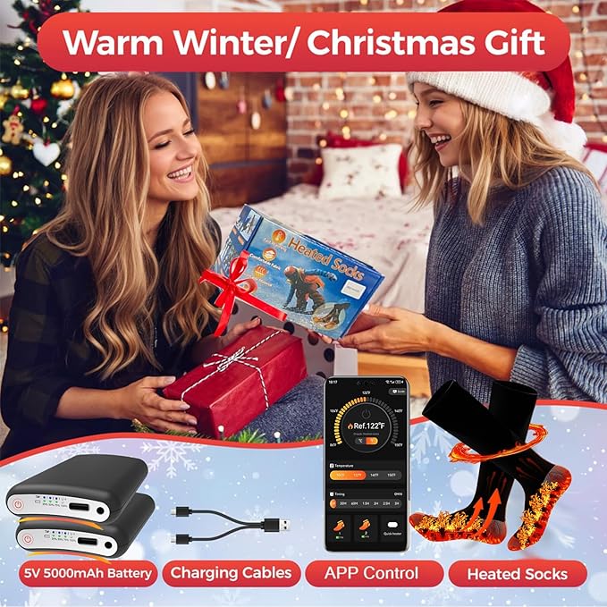 Heated Socks with App Control 5000mAh*2 Rechargeable Electric Heated Socks for Men Women Up to 9 Hours Washable Warm Socks for Outdoor Work Skiing Hunting Riding Hiking Cycling Camping Gifts