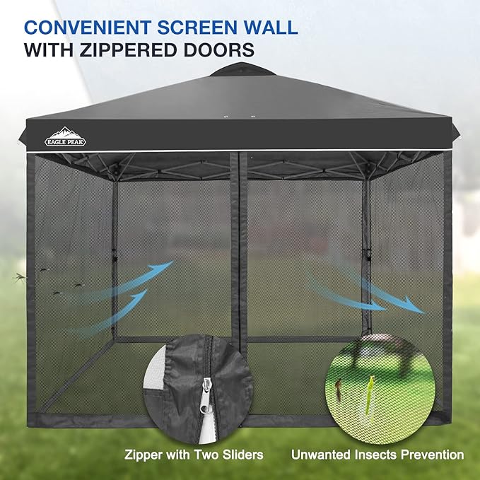 EAGLE PEAK 10x10 Outdoor Easy Pop up Canopy with Netting, Instant Screen Party Tent with Mesh Side Walls, Gray
