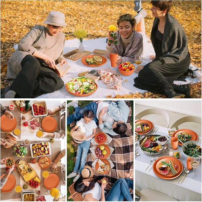 Orange Plastic Dishes Set for 8 includes Dinner Plates,Pasta Bowls,Soup Bowls and Drinking Cups,Unbreakable Orange Plastic Plates Set Microwave Dishwasher Safe For Thanksgiving Dinnerware Sets,32PCS