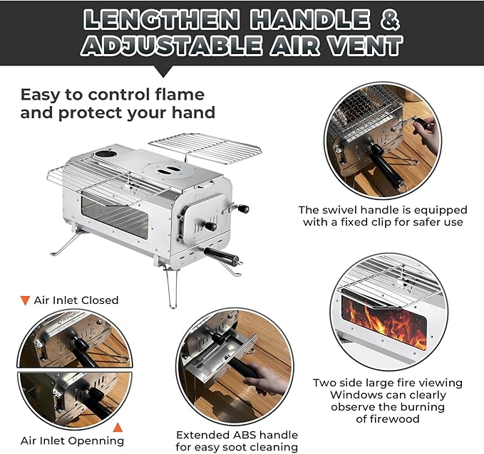 KingCamp Hot Tent Stove, Foldable Camping Stove with Large Firebox, 6.6ft Winter Camping Stove for Tent, Shelter, Cabin Heating, With Chimney Pipes, Heat Resistant Glass & Gloves for Outdoor