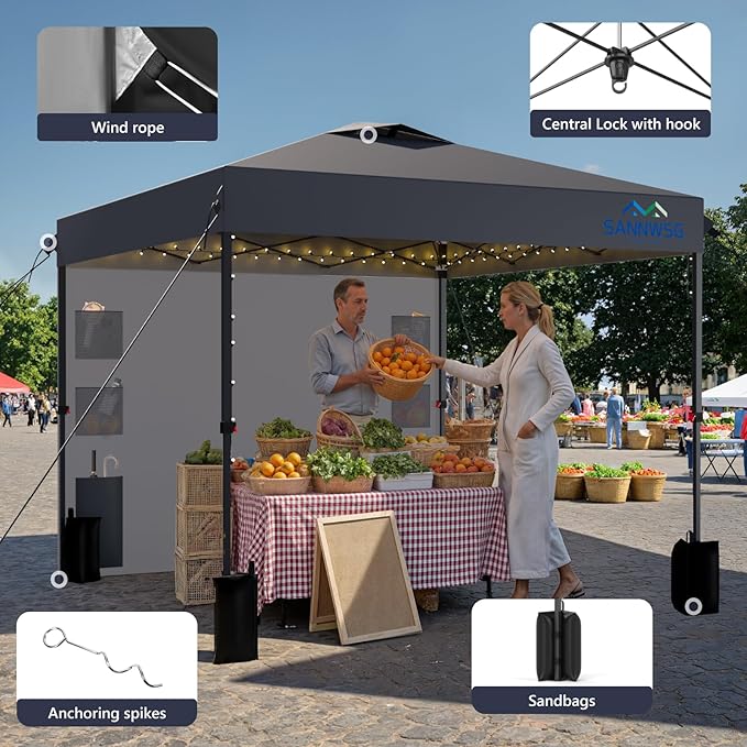 8X8 Pop Up Canopy Tent,Removable Pockets Sidewall for Extra Storage,Easy Up Canopy,Heavy Duty One Person Set Up Event Tent,Grey