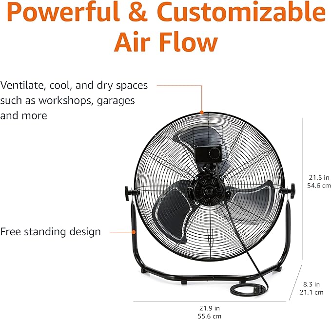 Amazon Basics 18" High Velocity Industrial Fan, Floor Fan, with 3 Speeds, Tilt Head, ETL-Listed Safety Compliance, Metal Housing/Blades, Ideal for Industrial/Commercial Space/Garage/Gym, 100W, Black