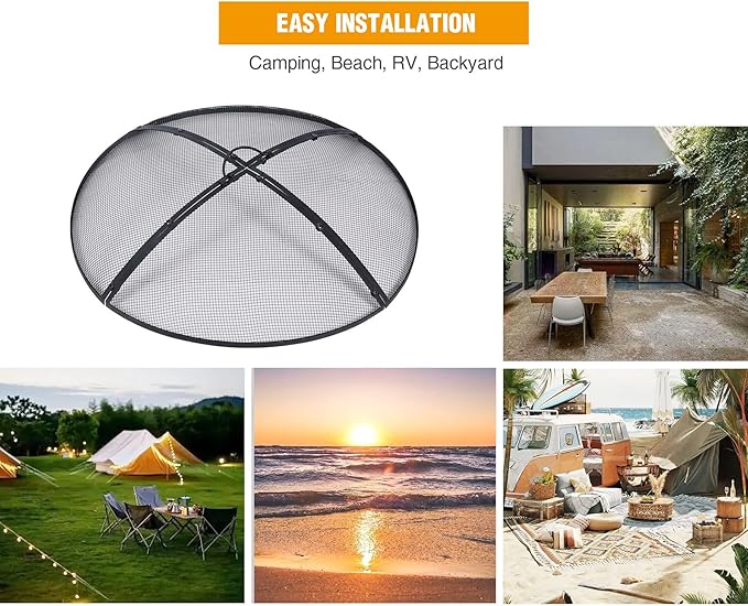 Lineslife Fire Pit Spark Screen, Fire Pit Screen 30 Inch Round with Handle & Poker, Heavy Duty Collapsible Outdoor Fire Pit Mesh Screens, Metal Firepit Lid for Patio Backyard Beach RV Camping, Black