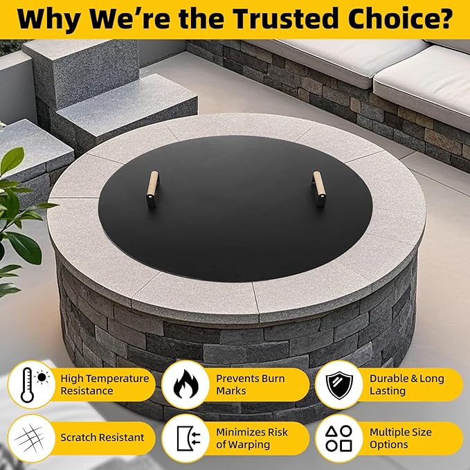 G GOOD GAIN Firepit Lid Round 36 Inch - Rust Resistant Fire Pit Lid Cover with Wooden Handle & Gloves, Fire Pit Snuffer Lid for Courtyards, Patio, Winter Cold Protection. Fits Fire Pits Up to 34"