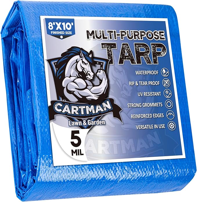 CARTMAN Finished Size 8x10 Feet Blue Poly Tarp 5 Mil Thick, Multipurpose Protective Cover for Camping, Tent, Boat, RV, Car