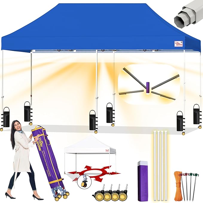 Tradesparker 10x20 Pop Up Canopy Tent,Easy up Commercial Canopy Tent Instant Shelter for Beach Events Parties Camping Market,Pop Up Canopies with LED Curtain+Casters+Weight+Stakes,Blue