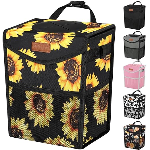 Car Trash Can with Lid, Cute Leakproof Car Trash Garbage Bag Hanging Vehicle Trash Bin Small Portable Automotive Garbage Cans Organizer for Back/Front Seat(Trapezoid,Black Sunflower