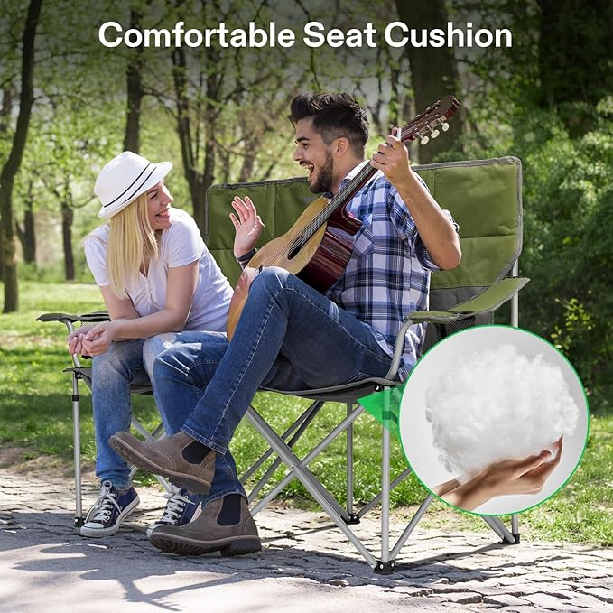 [outlets]VIVOSUN Double Camping Chair, Fully Padded Folding Loveseat, Portable Oversized Duo Chair with Storage Cup Holders, Height-adjustable Armrests & Carry Bag, Supports up to 500lbs, Green & Grey