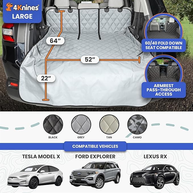 4Knines SUV Cargo Liner for Dogs, Trunk Mat for SUV, Durable Cargo Cover, Protector – Compatible with 60/40 Split Bench & Armrest Pass-Through, Waterproof, Machine Washable, Non-Slip (Large, Grey)