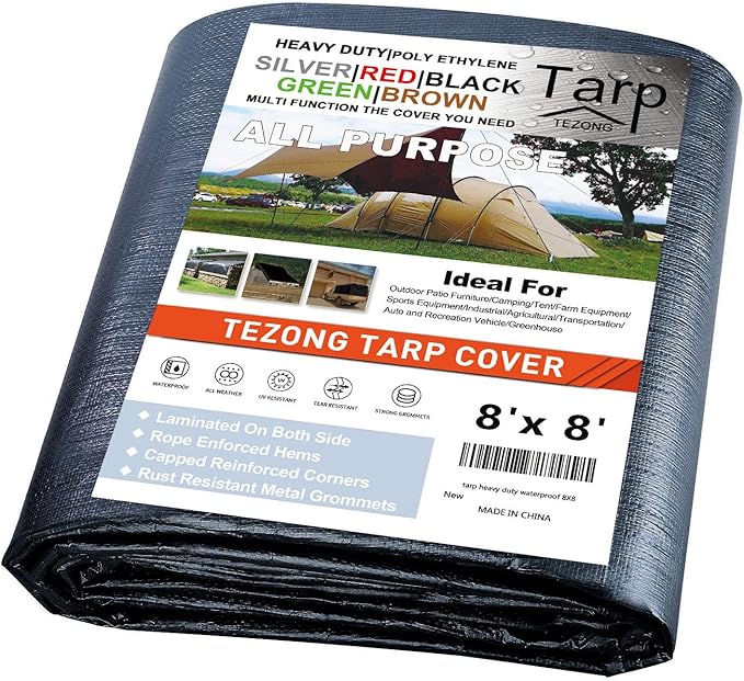 Tarps Heavy Duty Waterproof 8x8ft,TEZONG Black Tarp 12Mil Plastic Tarpaulin Outdoor Tarp Cover for Emergency Rain,Patio Furniture,Wood,Roof,Camping,Car,Pool