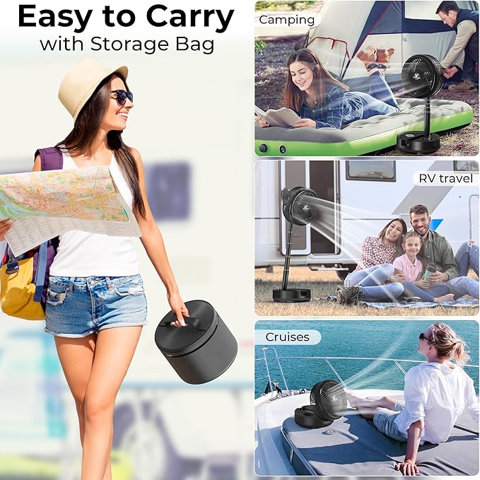 40000mAh Battery Operated Camping Fan - 106Hrs Rechargeable Oscillating Table Fan with Light & Timer, 9 Speeds Portable Travel Fan for Cruise RV Trip, Hurricane Power Outage (10" with Case)