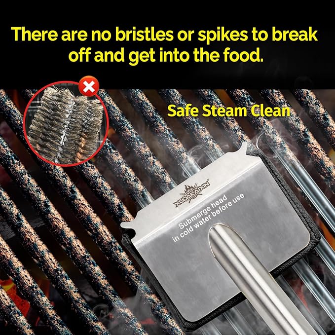 Grill Brush Bristle Free,Upgraded Aramid Fiber Wavy Pad Perfect for Cast Iron Grates/Porcelain/Weber Gas/Charcoal Grill,Replaceable Cleaning Head,Safe Grill Brush for Outdoor Grill