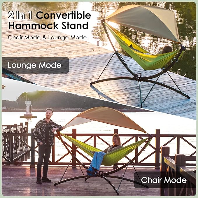Portable Hammock with Quick Setup Folding Stand & Adjustable Sunshade Canopy & Storage Bag - Adult/Child Hammock Chair - Heavy Duty Hammock for Camping Home Garden Hotel Outside Beach Forest Grasslan