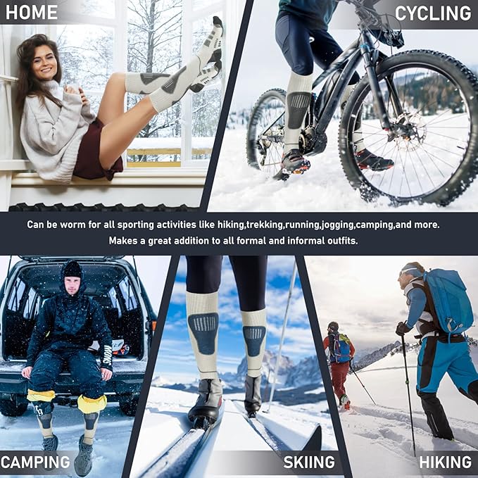 Merino Wool Ski Socks 2 Pairs, Thermal Knee High Warm Socks for Snowboarding, Hiking, Cold Weather, Snow, Hunting