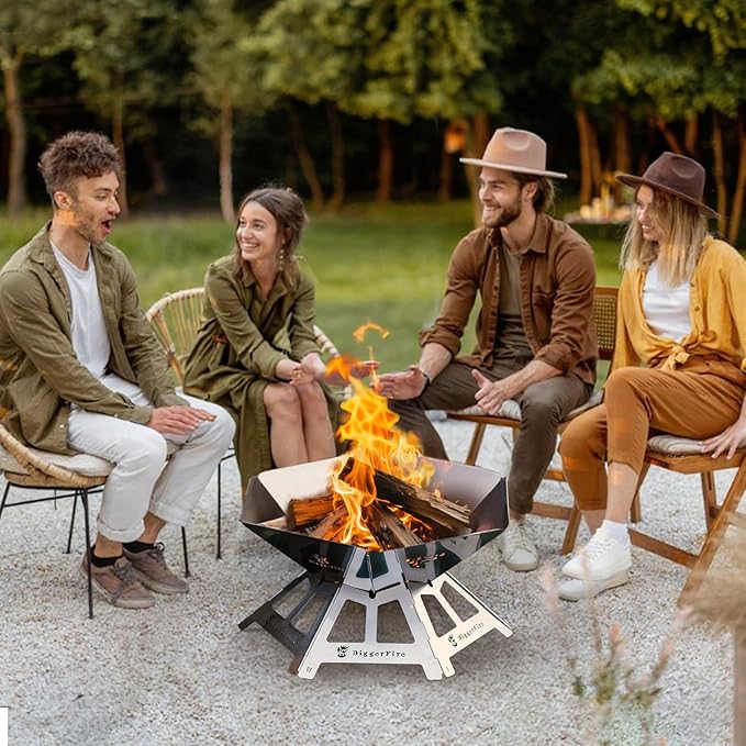 Foldable Portable Fire Pit,Stainless Steel Fire Pits with Charcoal Grill Net and Storage Bag,Camping Fire Pit Grill for Patio Outdoor Barbecue Campfire Bonfire (Large)