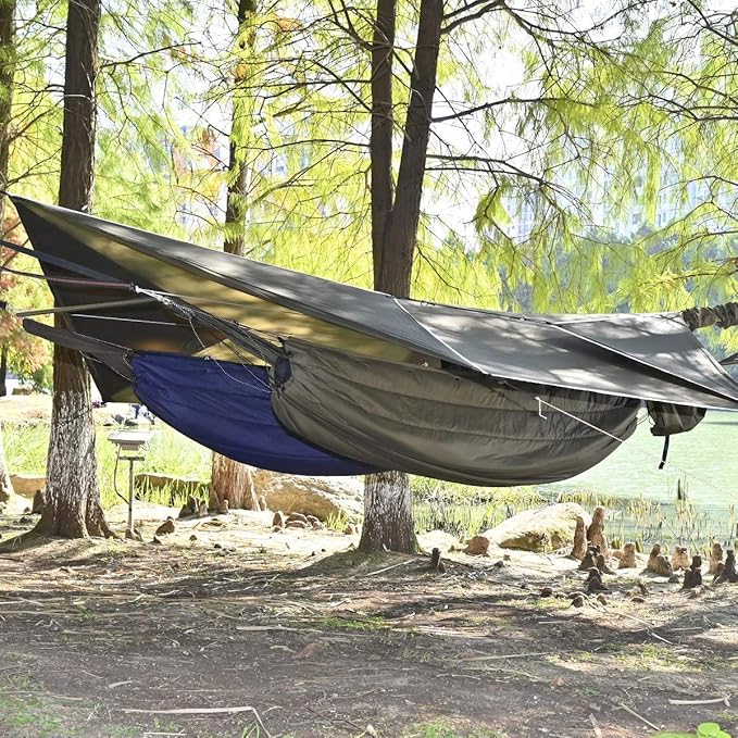onewind Camping Hammock with Rain Fly and Bug Net Portable Lightweight 11ft Double Hammock with 12ft Ultralight Silnylon Tarp and Mosquito Net Ridgeline 12Ft Tree Straps for Camping Hiking Backpacking