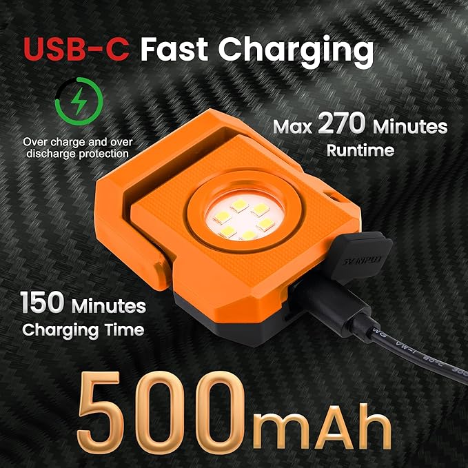 2 Pcs Mini Rechargeable LED Work Light, 550 Lumens Magnetic Flashlight Keychain Lights with Rotatable & Magnet Base Portable Mechanic Light for Car Repairing Outdoors Camping, Orange