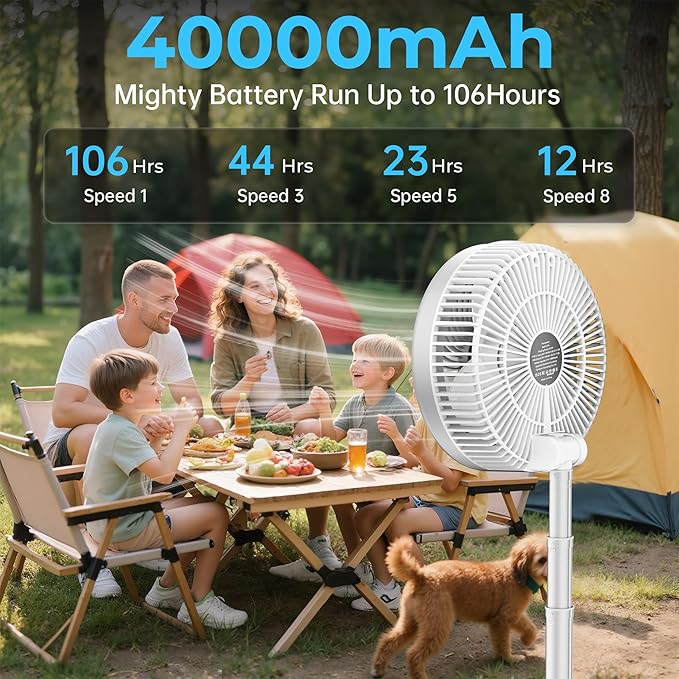 40000mAh Battery Operated Fan, Rechargeable Collapsible Fan, 106H Run, 9 Speeds Oscillating with Remote, Battery Powered with Timer & Light for Travel Cruise Essentials RV Outdoor Power Outage