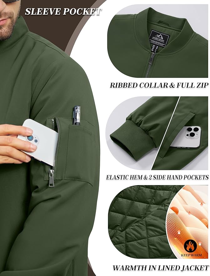 Cotrasen Mens Bomber Jacket Fall Winter Warm Windbreaker Casual Full Zip Padded Coats with Pockets