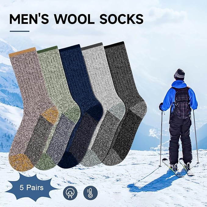 BESTENA Merino Wool Hiking Socks for Men 5 Pairs Thermal Warm Winter Thick Cushion Moisture Wicking Crew Boot Socks