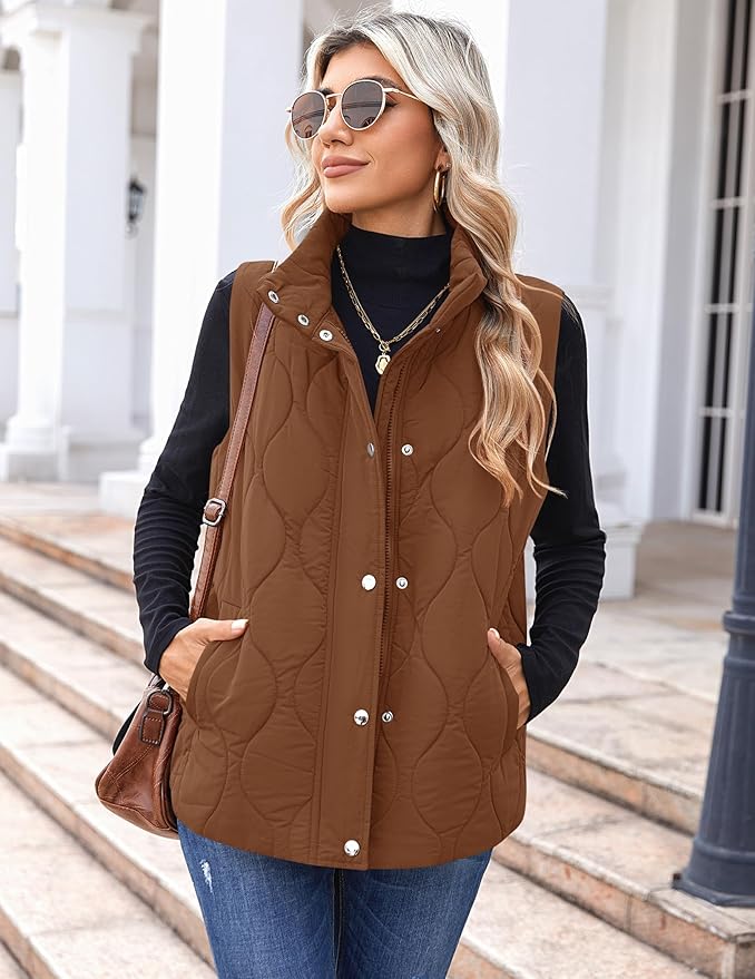 Zeagoo Puffer Vest Women Sleeveless Quilted Jacket Lightweight Snap Zip Up Stand-up Collar Down with Pockets Outerwear