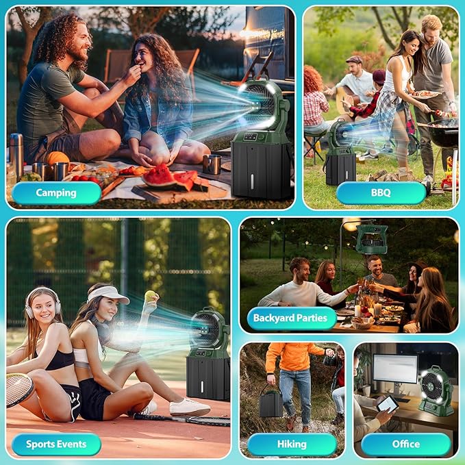 Misting Fan Portable 42800mAh Rechargeable Camping Fan with Remote Control, 3 LED Light & Stepless Speed Control & Cooling Spray with 6L Bucket, Timer Function, Portable Handle, Rotating Hanging Hook