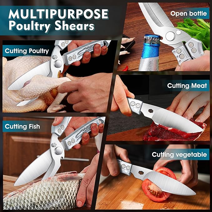 Dream Reach Kitchen Poultry Shears - Heavy Duty Detachable Meat Cutting Scissors with Serrated Edge Cooking Scissors for Thanksgiving Silver