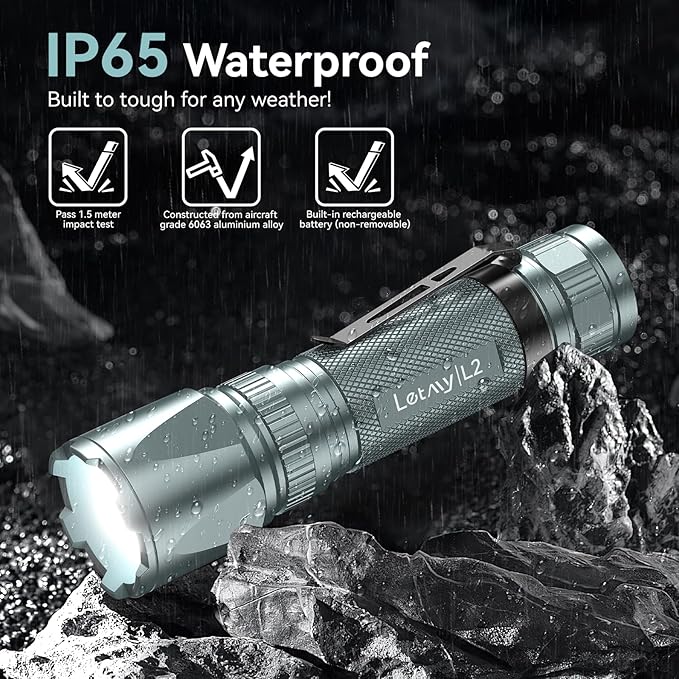 LETMY Rechargeable Flashlights High Lumens, 2 Pack 2000 Lumens Bright LED Tactical Flashlight, 3 Modes Samll Powerful Flash Lights with Clip, Waterproof Flashlights for Home Emergency Camping (Grey)