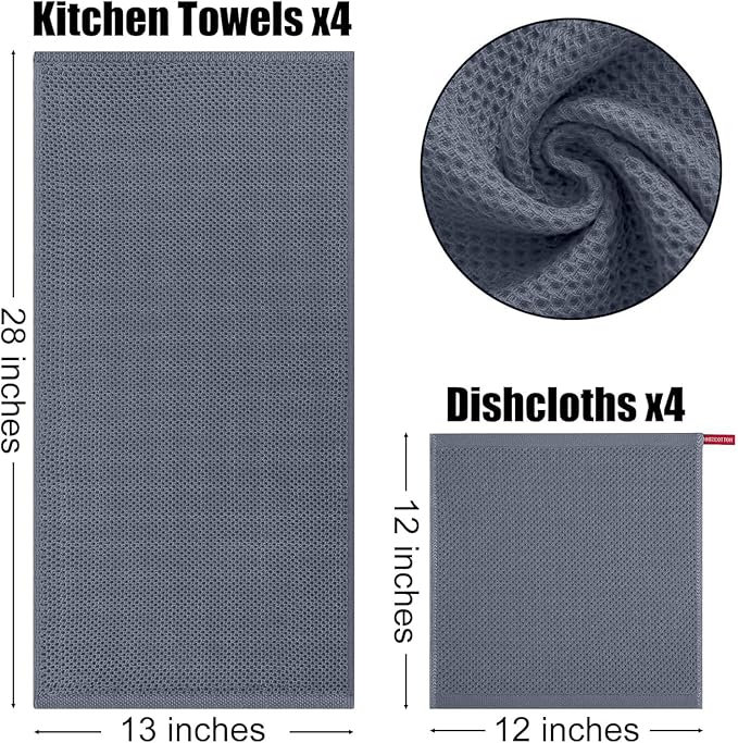 Kitinjoy 100% Cotton Kitchen Towels and Dishcloths Set, 10 Pack-13" x 28" and 12" x 12" Waffle Weave Dish Towels, Ultra Soft Absorbent Quick Drying Dish Rags, Dark Grey