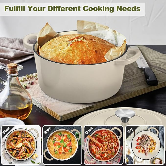 P&P CHEF 7QT Enameled Dutch Oven, Cast Iron Dutch Oven Pot with Lid for Bread Baking, Enameled Casserole Pot for Roasting Braising Stewing Frying Simmering, Various Stoves & Easy Clean, Khaki