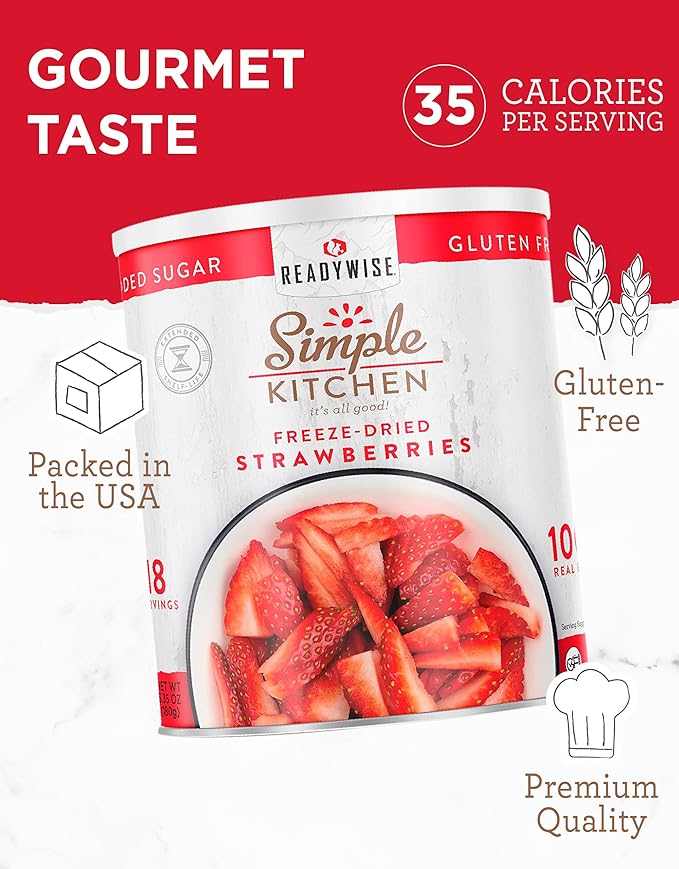 READYWISE - Simple Kitchen Freeze Dried Strawberries, 18 Servings, Vegan, Gluten Free, Healthy Snack, Survival Food, Dried Fruit, Strawberries