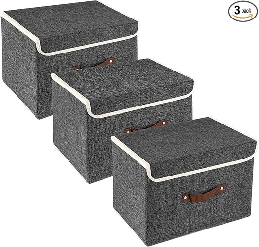 TYEERS Collapsible Storage Boxes, Washable Fabric Storage Bins with Lids, 14.9x9.8x9.8 inches, 3 Pack, Black