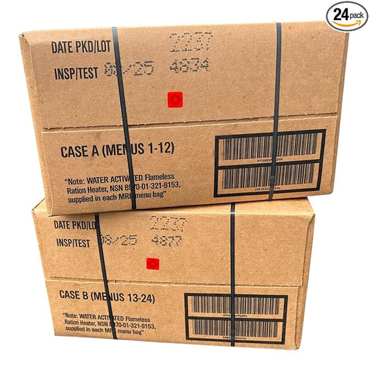 MRE Meals Ready to Eat A and B Cases 2025 inspection. Genuine Military Emergency Meals Camping (24 meals)