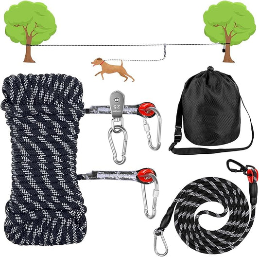 Dog Camping Essentials,Tie Out Cable for Camping,50ft Portable Overhead Trolley System with 10ft Runner Lead for Dogs up to 200lbs,Portable Reflective Dog Lead Line for Yard, Park and Outdoor (Black)