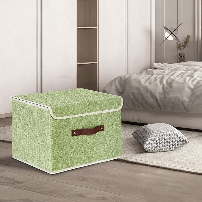 TYEERS Collapsible Storage Boxes, Washable Fabric Storage Bins with Lids, 14.9x9.8x9.8 inches, 2 Pack, Green