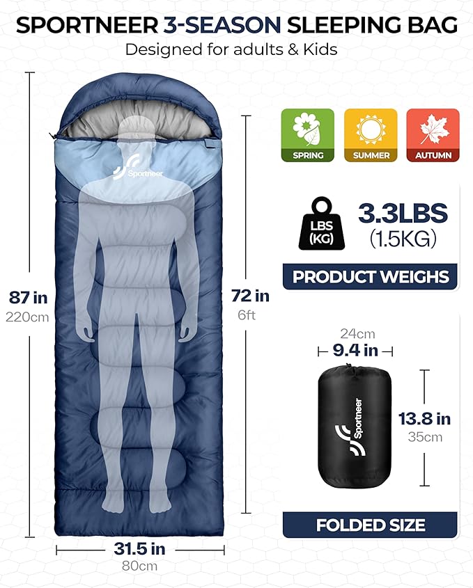 Sportneer Sleeping Bags for Adults, Warm & Cold Weather Sleeping Bag for Adults Kids Boys Girls - Lightweight Compact Camping Gear Equipment, Traveling, Backpacking, Hiking