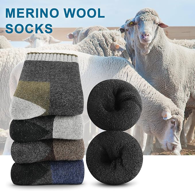 UUMIAER Merino Wool Socks for Men Hiking Thermal Warm Winter Crew Socks Thick Cushion Moisture Wicking Socks 5 Pairs