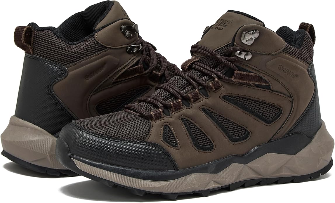 HI-TEC Valley Geo Mid Waterproof Hiking Boots for Men, Lightweight Breathable Outdoor Trekking and Trail Sneakers, Sizes 7 to 15