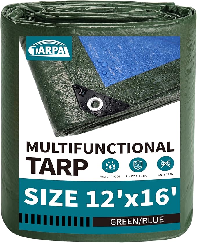 TARPAL 12x16 Feet Green Tarp Waterproof Lightweight tarps Multipurpose Protective Cover All Purpose Poly Tarps Cover for Firewood,Boat,Pet House,Roof Waterproofing