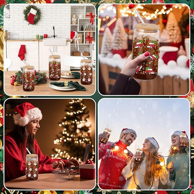 24 Pcs Christmas Color Changing Cups with Lids and Straws 16 oz Christmas Glass Tumblers Xmas Iced Coffee Cup Can Shape Drinking Glasses for Xmas Gift Party Favors Decor (Red Green Pattern)