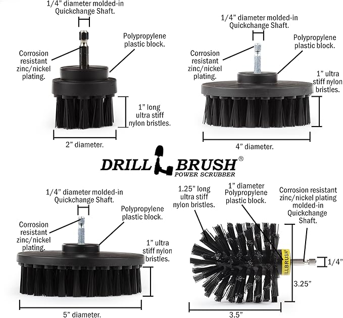 Drillbrush BBQ Grill Cleaning Kit - Safe Nylon Grill Brush | Drill Brush Set - Ultra Stiff Power Scrubber Attachments for Loose Paint, De-Scaling Rust and Graffiti Removal on Stone, Brick and Masonry