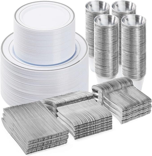 600PCS Silver Dinnerware Set for 100 Guests, Plastic Plates for Party, 100 Silver Disposable Plates, 100 Dessert Plates, 100 Cups, 100 Spoons, 100 Forks and 100 Knives